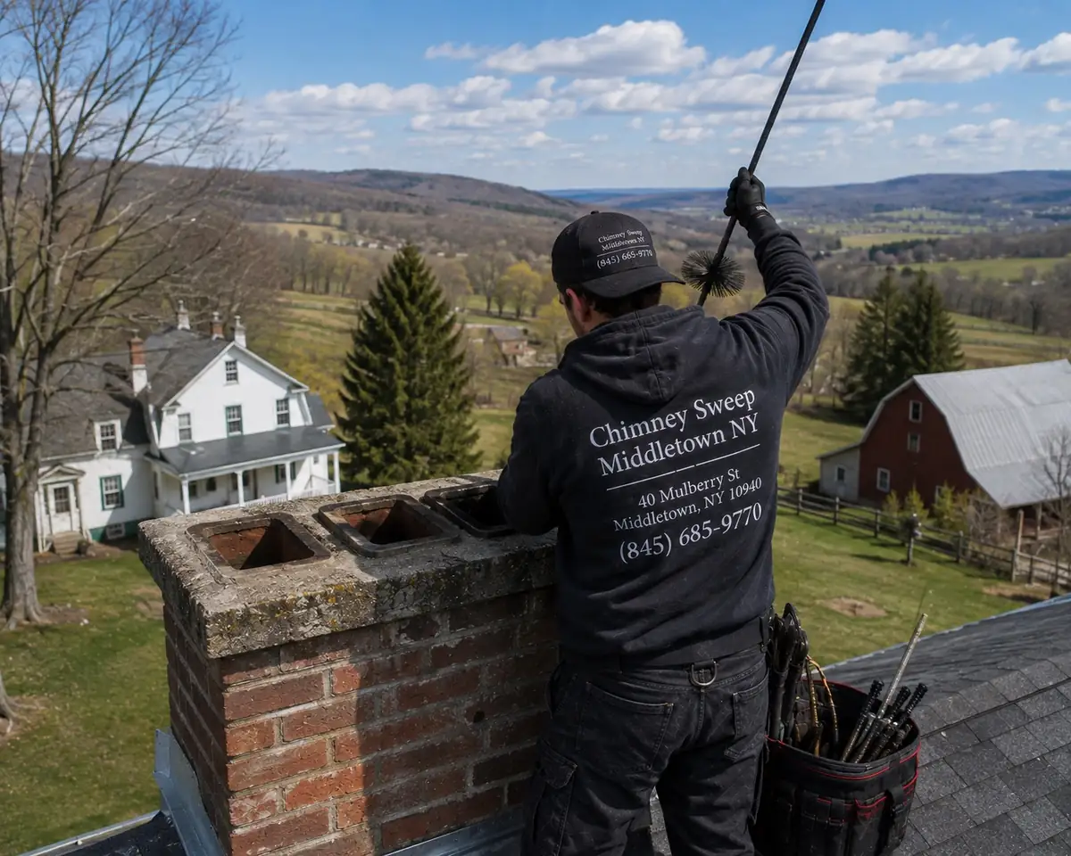 Technician sweeping a multi-flue farmhouse chimney in Campbell Hall, New York