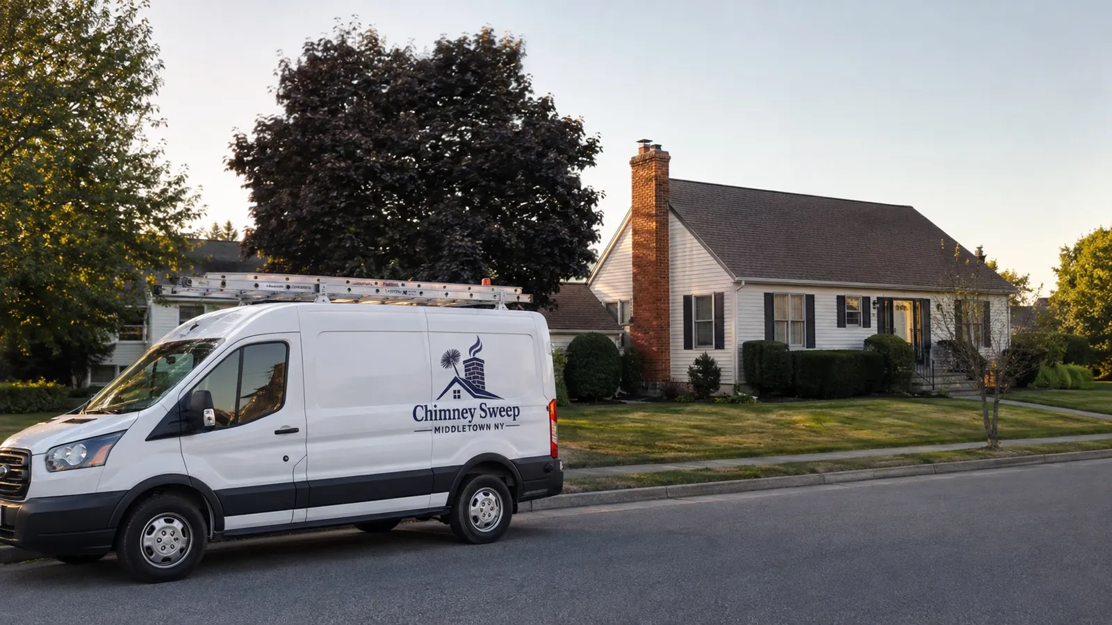 Chimney sweep technician brushing a flue from the roof of a Middletown home