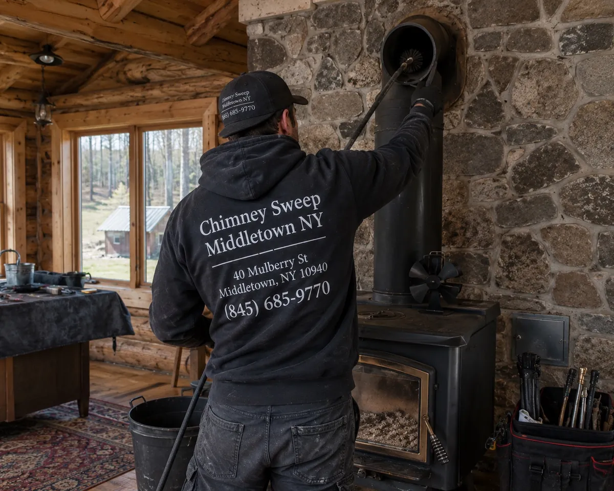 Technician cleaning a wood stove flue at a rural property in Circleville, New York