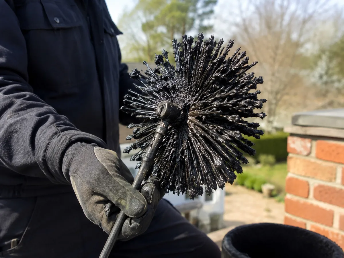 Chimney brush coated in black creosote after being pulled from a flue