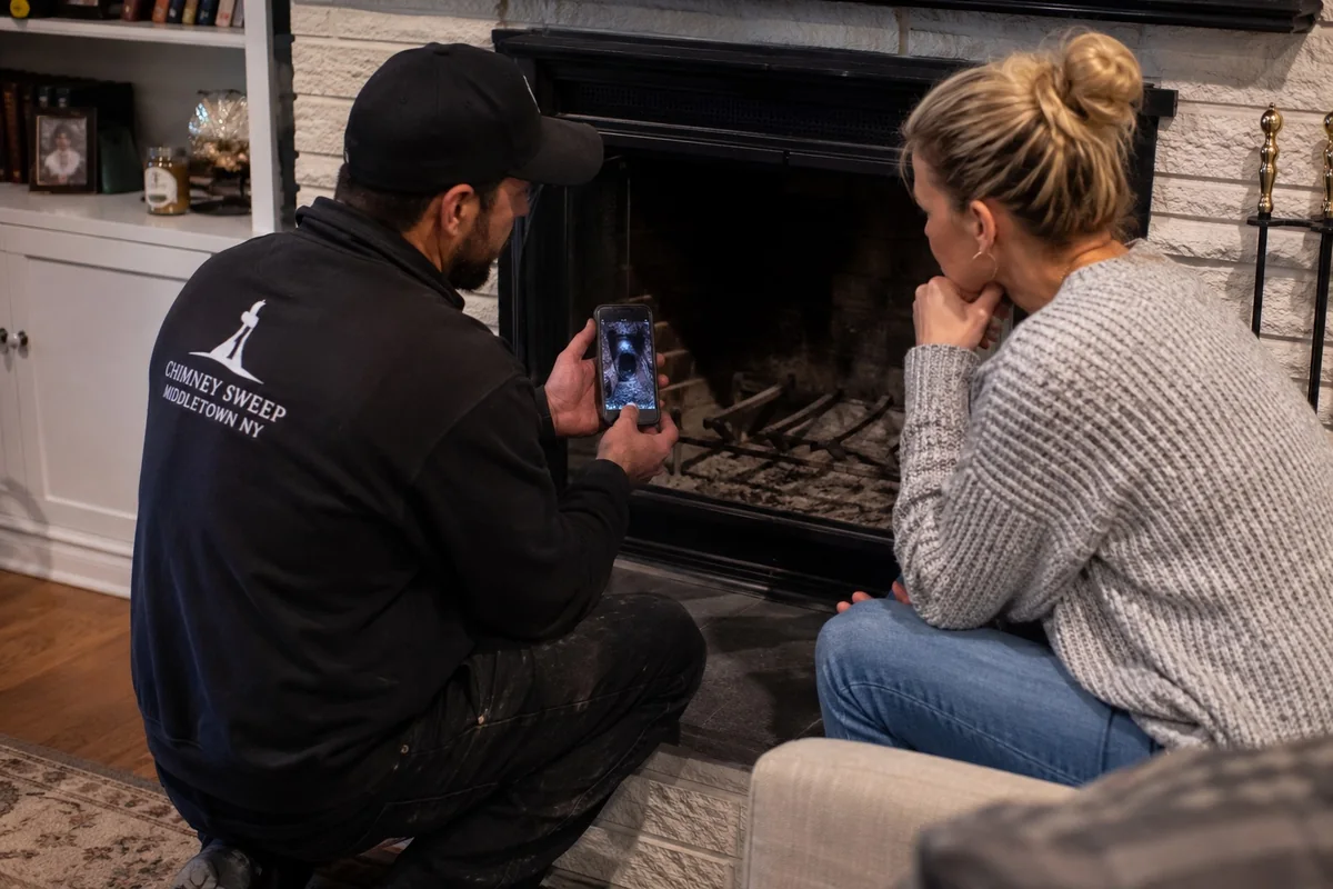 Technician showing a homeowner photos of their chimney's condition at the fireplace