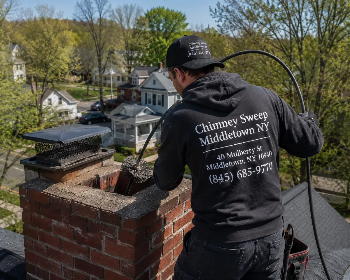 Technician sweeping a brick chimney flue from a rooftop in Howells, New York