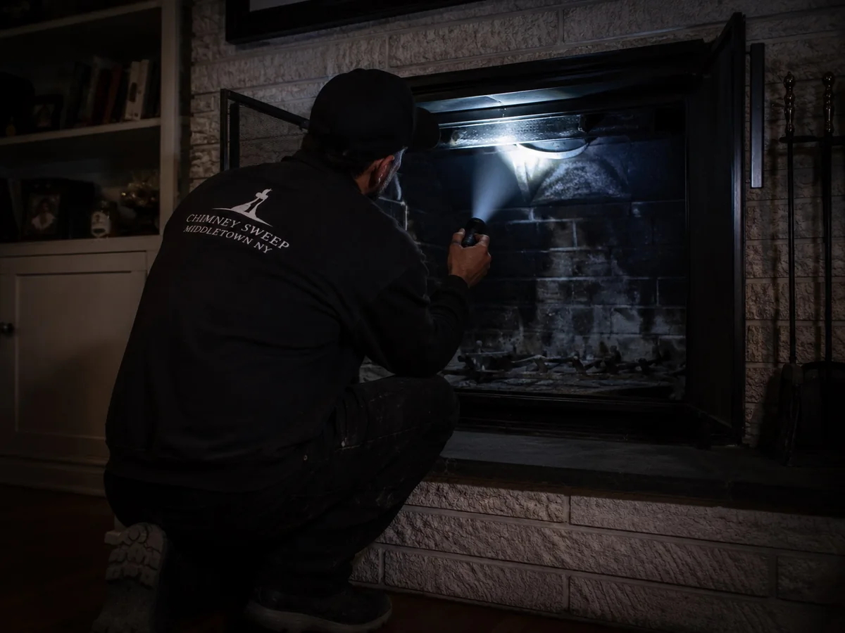 Technician checking a firebox and damper with a flashlight during a chimney inspection