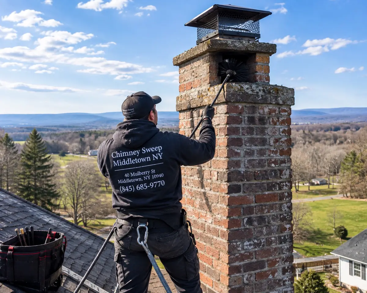 Technician sweeping a chimney on higher open ground near Otisville, New York