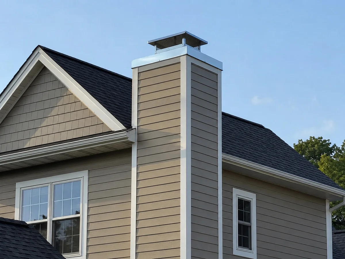 Sided chimney chase with a metal chase cover on a Scotchtown, New York home