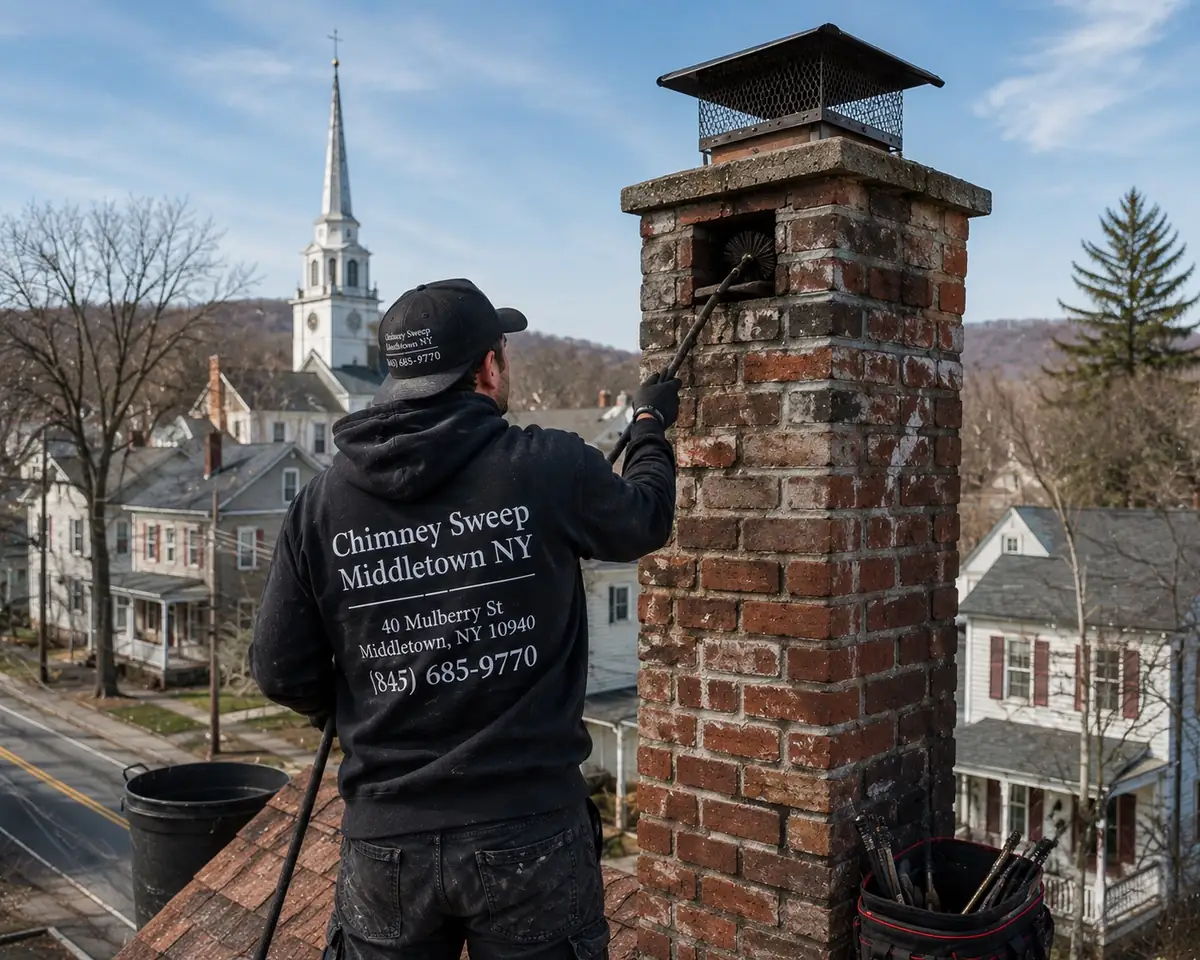 Technician sweeping an older brick chimney stack in Slate Hill, New York